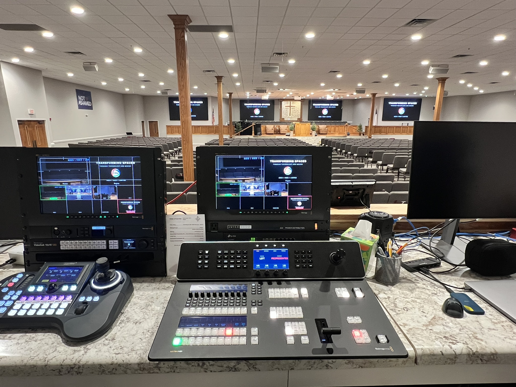 CCS Chapel broadcast control position with multi-camera switching and PTZ control - CIAVL